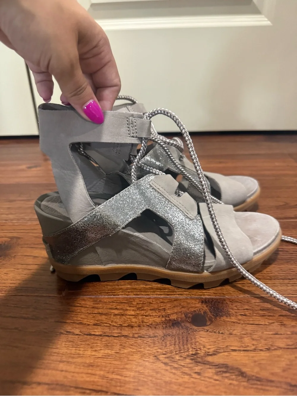 Sorel Taupe and Metallic Wedge Lace-Up Sandal